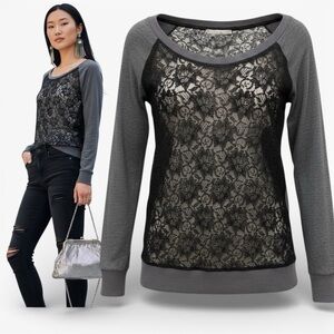 HI-LINE Sheer Lace Panel Long Sleeve Top - Black and Gray Boat Neck